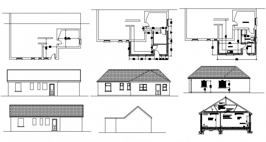 Single family roof house elevation, section and plan drawing details dwg file