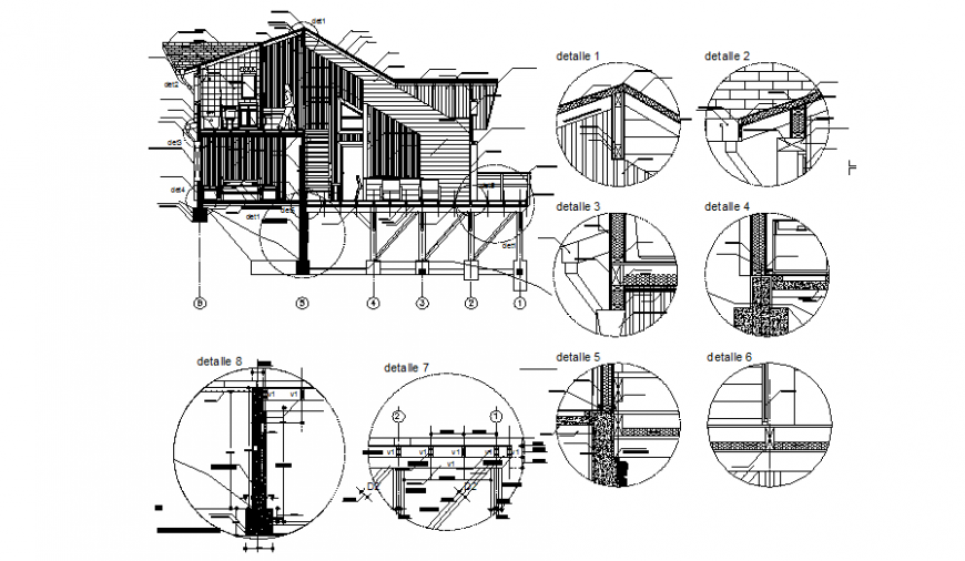 Single family roof house facade constructive sectional details dwg file