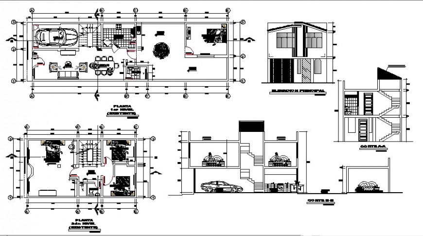 Single family two-flooring house elevation, section and floor plan details dwg file