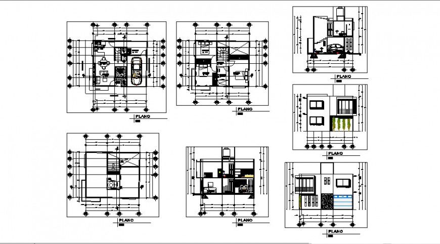 Single family two flooring house elevation, section and floor plan details dwg file