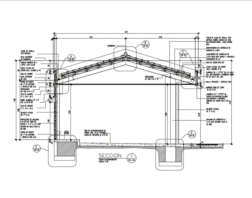 Single flooring house facade sectional constructive details dwg file