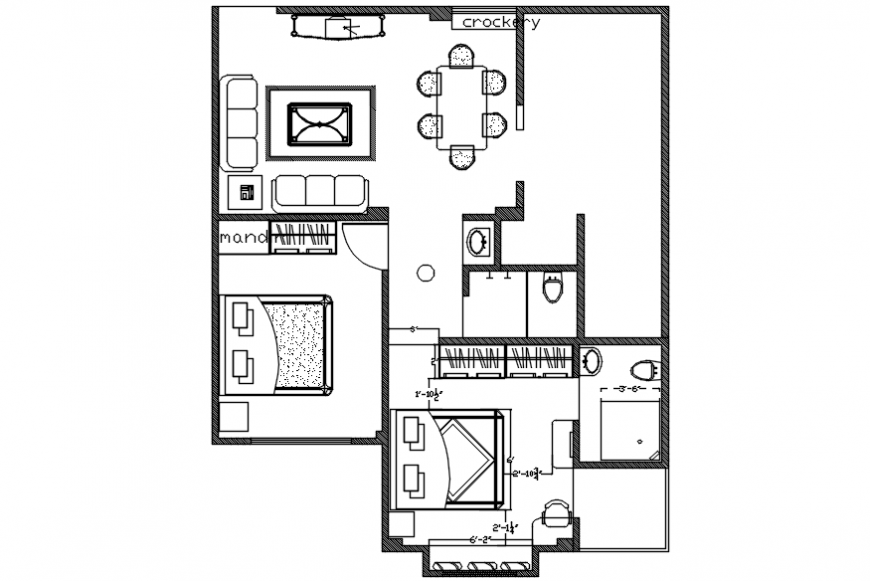Single House with two bedrooms layout plan cad drawing details dwg file