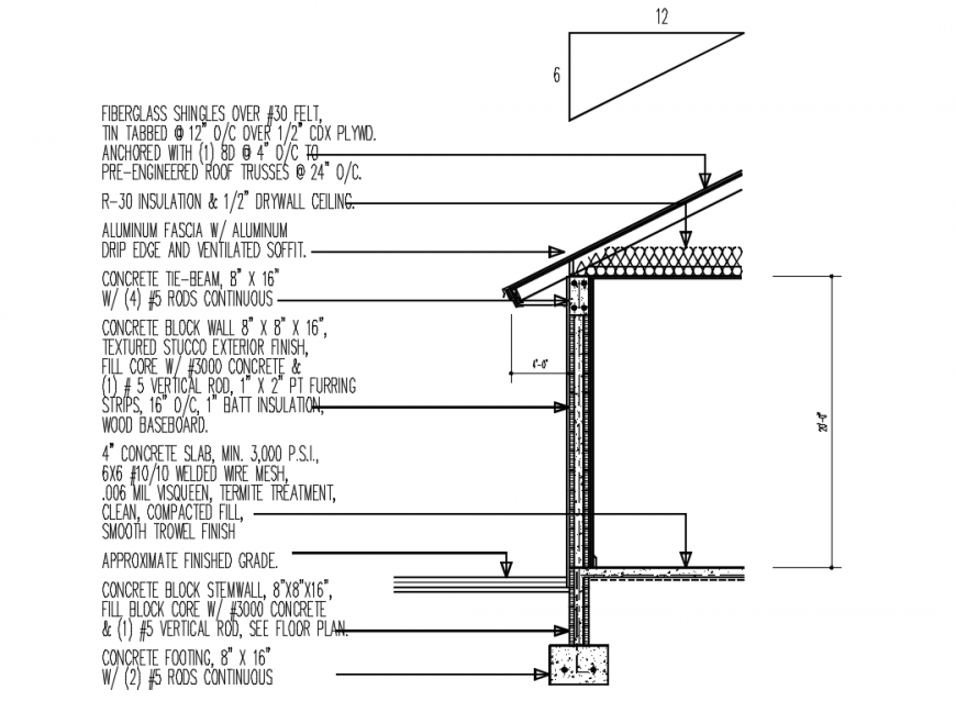 Single level house facade cut sectional constructive details dwg file