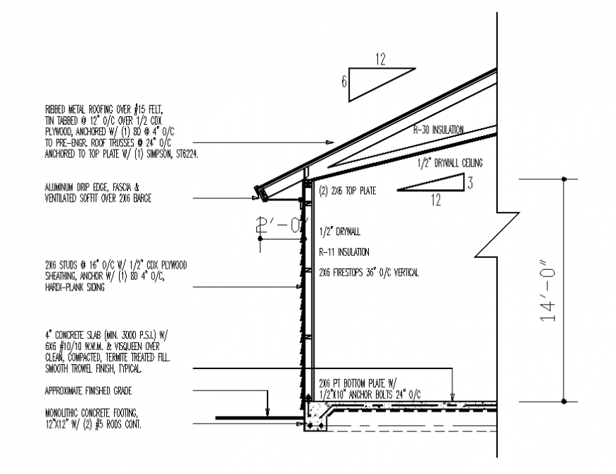 Single level one family house cut facade sectional details dwg file