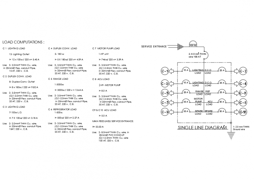 Single line diagram with load computations electrical installation details of house dwg file