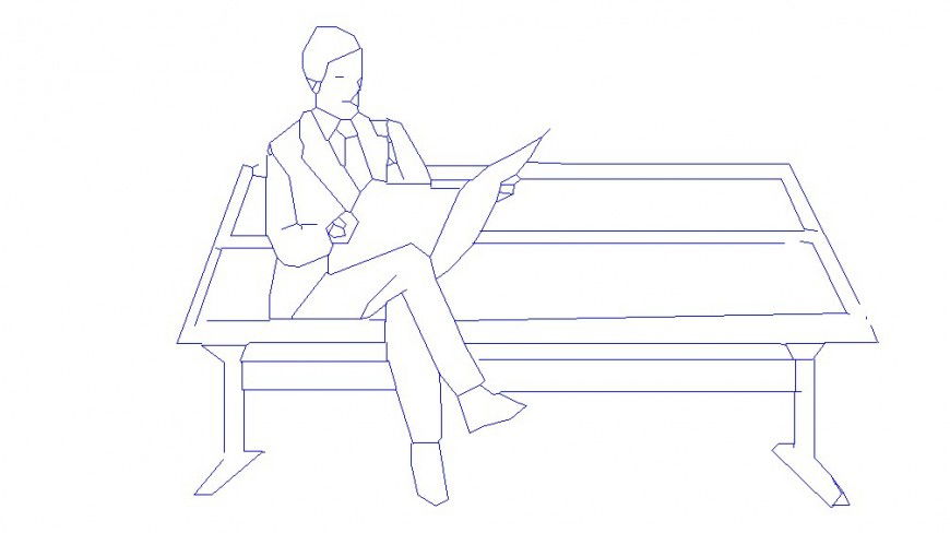Single man reading news paper on bench 2d elevation block cad drawing details dwg file