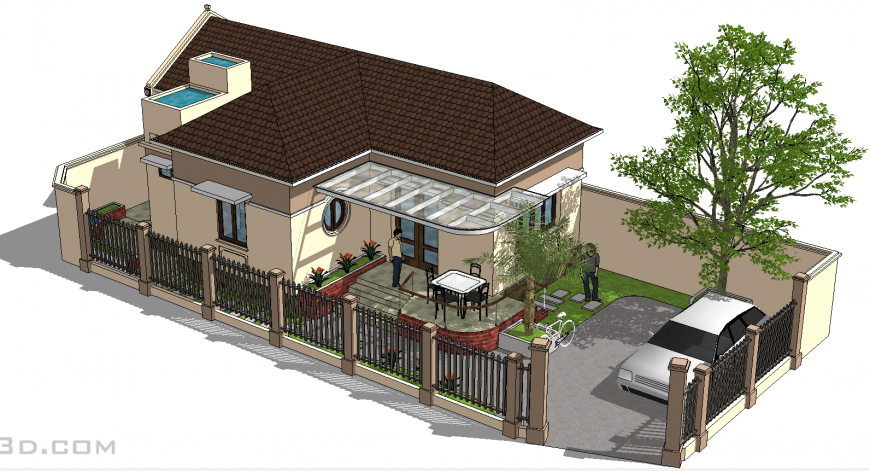 Single storey house design 3d drawing in skp file.