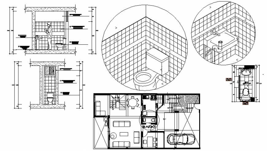 Single story apartment plan and sanitary bathroom details in autocad