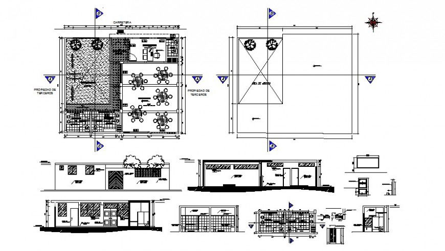 Single story cafe building 2d view plan elevation and section dwg file