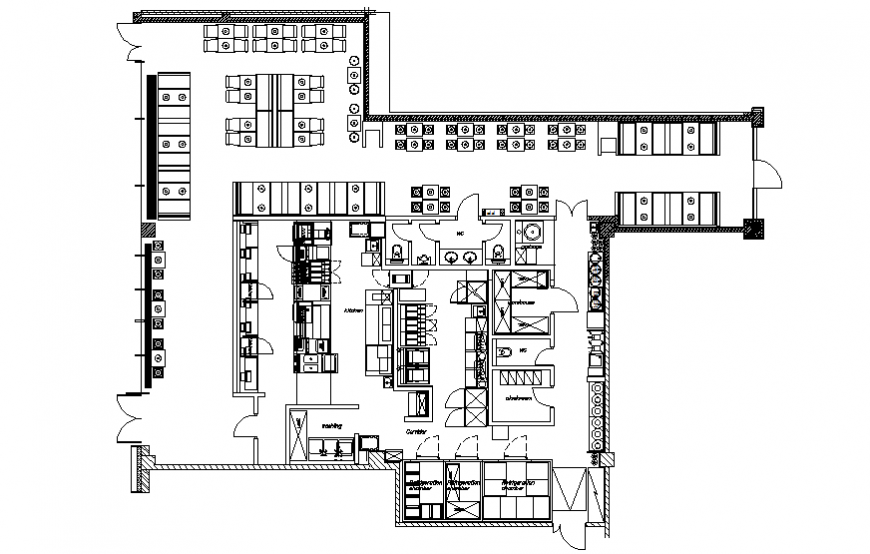 Single story fast food restaurant top view plan cad drawing details dwg file