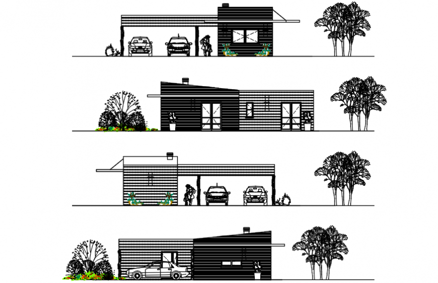 Single story house 2d view elevation autocad software file