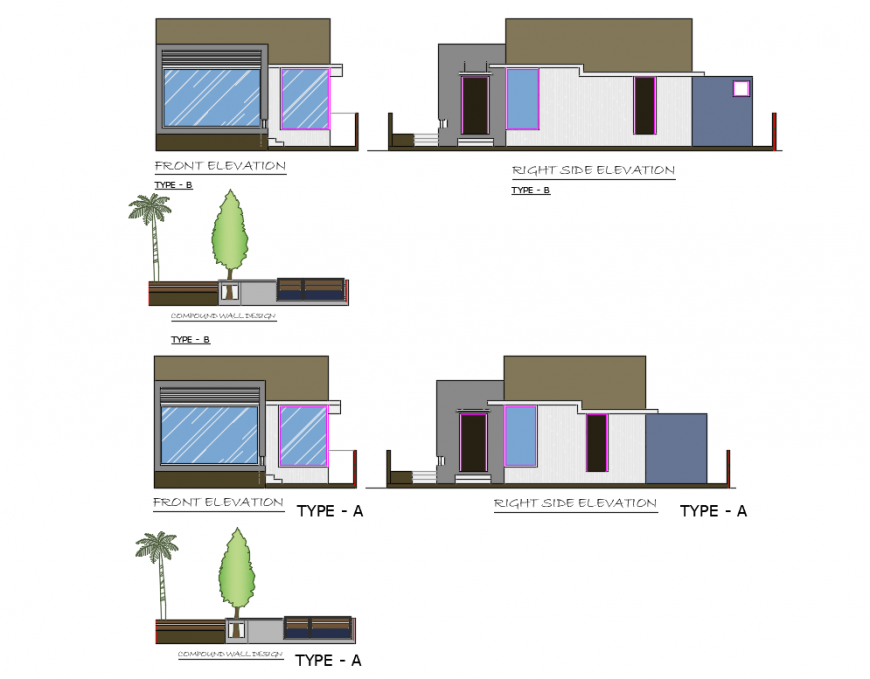 Single story house all sided elevations cad drawing dwg file