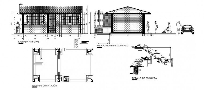 Single story house elevation, foundation plan and staircase details dwg file