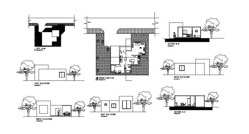 Single story house elevation, section, plan, site plan and auto-cad drawing details dwg file