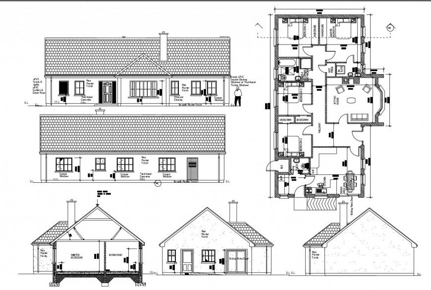 Single story house elevation, section and distribution plan drawing details dwg file