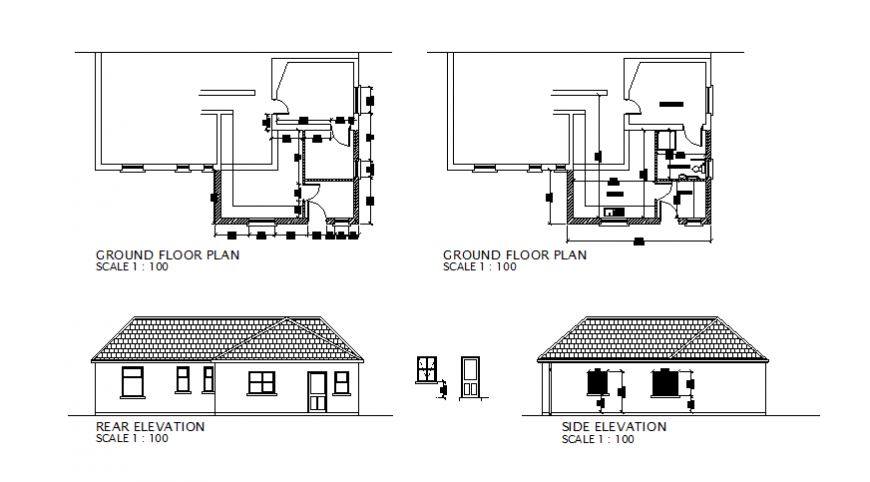 Single story house elevation and ground floor plan details dwg file