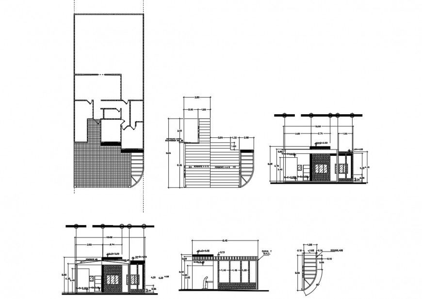 Single story house facade elevation, section, cover plan and auto-cad details dwg file