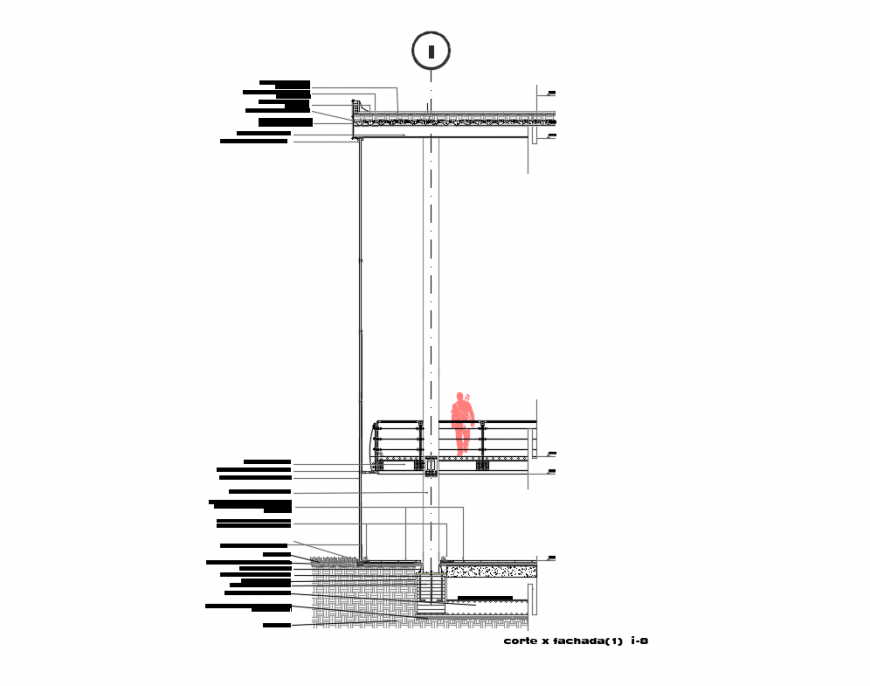 Single story house facade sectional constructive details dwg file