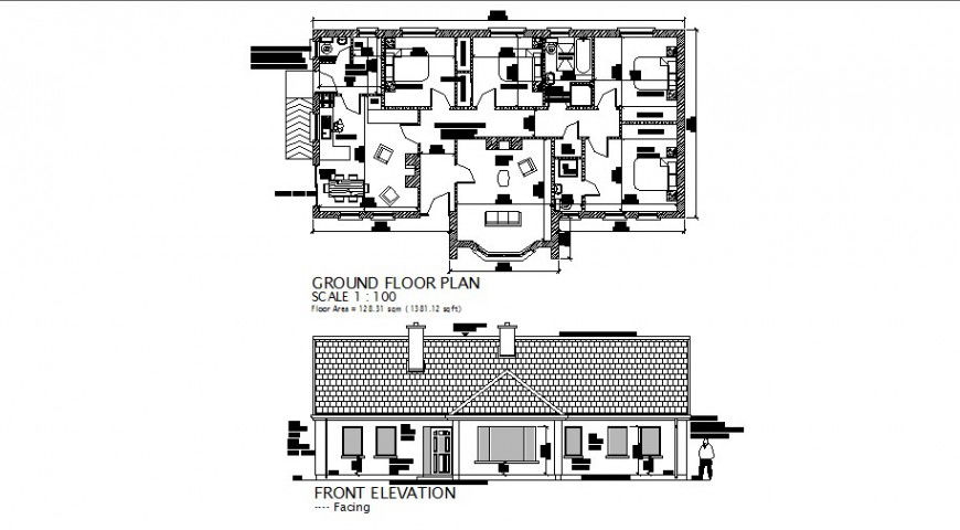 Single story house main elevation and ground floor plan drawing details dwg file