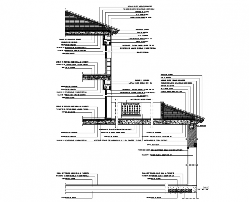 Single story house with roof sectional constructive details dwg file