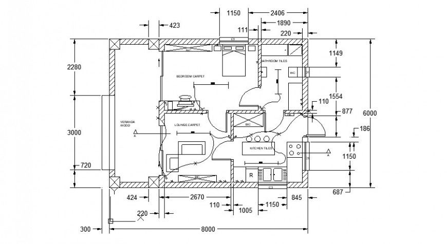 Single story one bhk house plan 2d view CAD construction unit layout file in dwg format