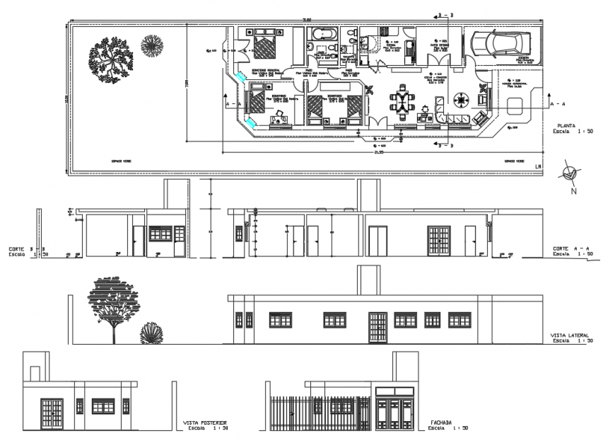 Single story one family house elevation, section and plan cad drawing details dwg file