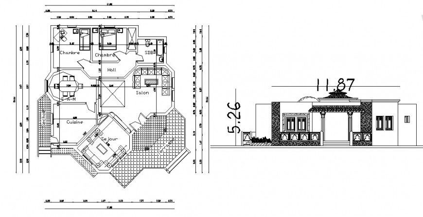single story residence layout plan with elevation design