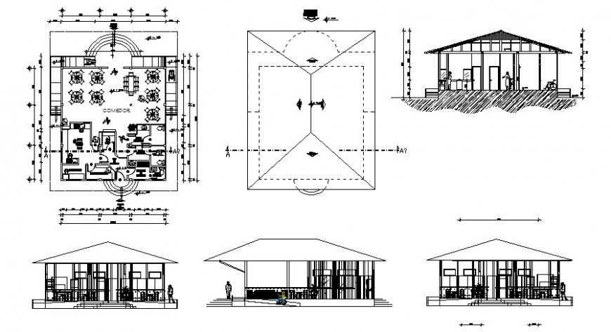 Single story restaurant building plan 2d view autocad file