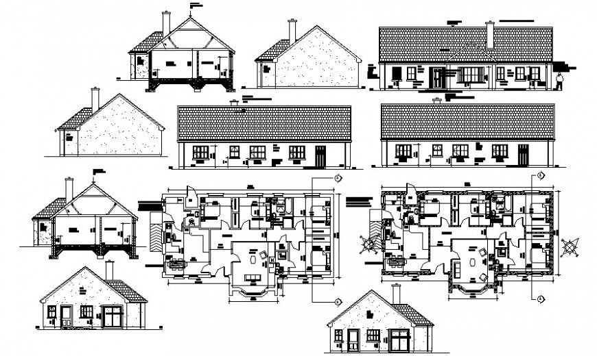 Single story roof house elevation, section and floor plan drawing details dwg file
