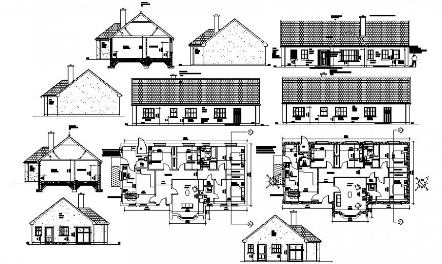 Single story roof house elevation, section and floor plan drawing ...