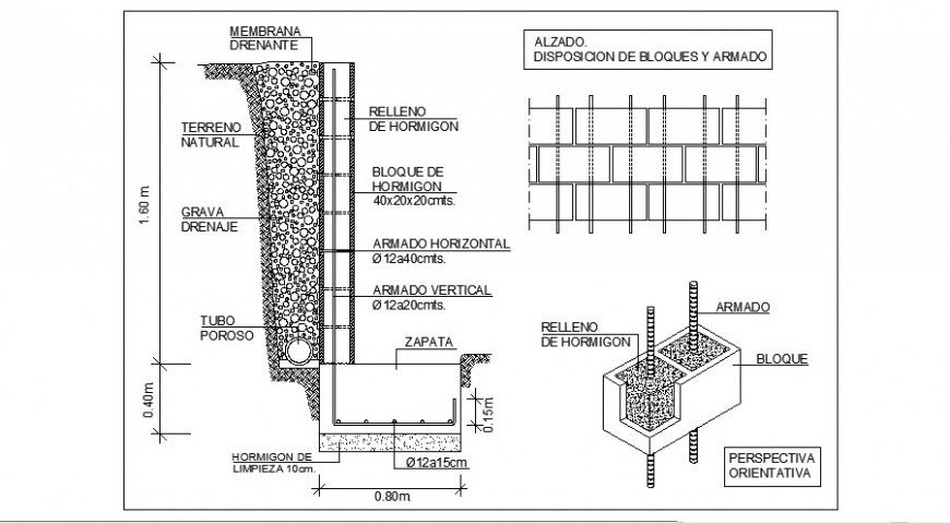 Single wall block constructive section cad drawing details dwg file