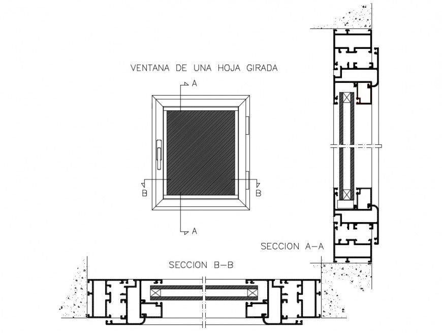 Single window elevation and sectional details dwg file