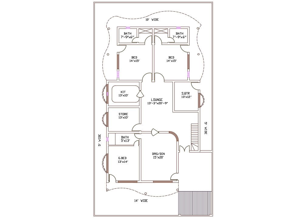 single story Ground floor house plan of the sizes 50'X90'.Download Autocad DWG file.