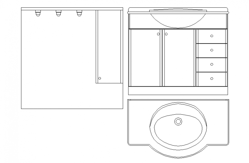 Sink cub board plan, elevation and section detail dwg file