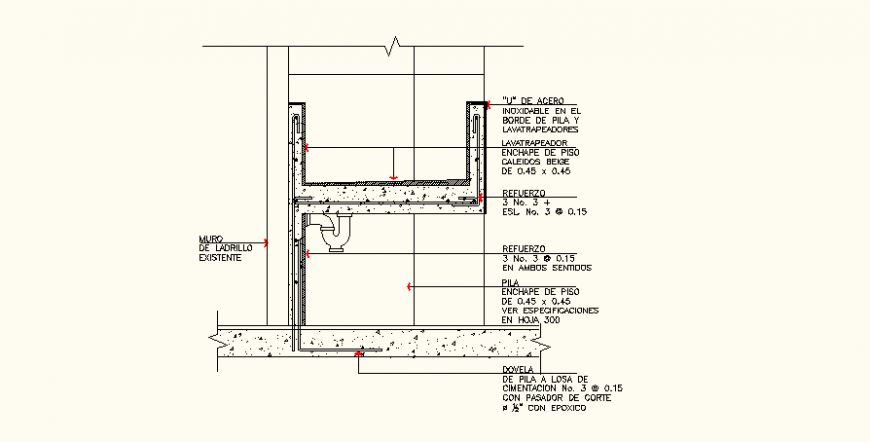 Sink piping system detail elevation autocad file