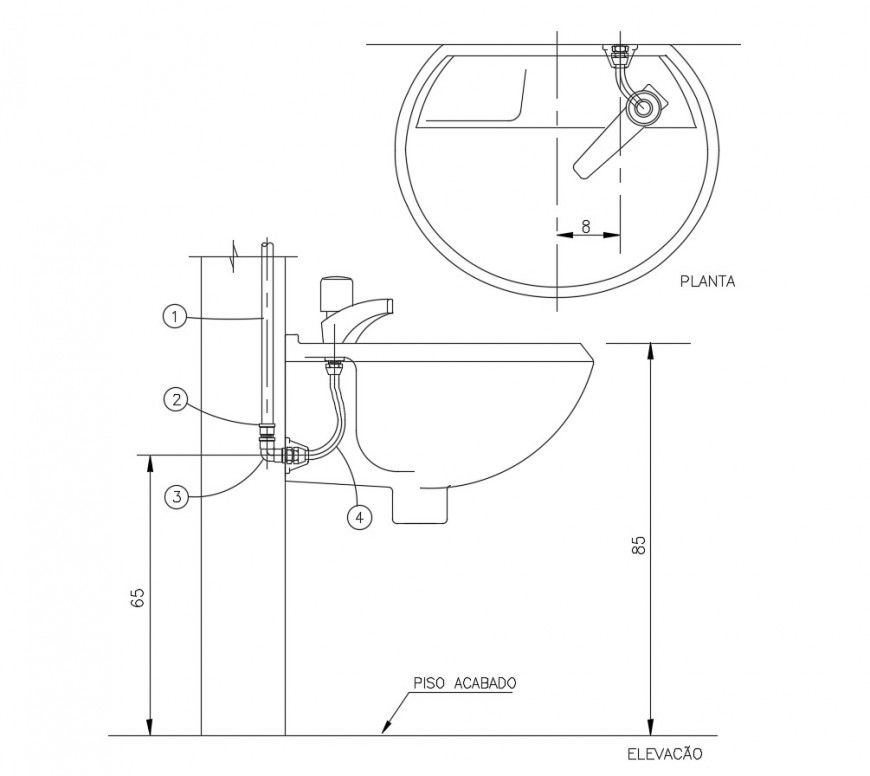 Sink section and water installation cad drawing details dwg file