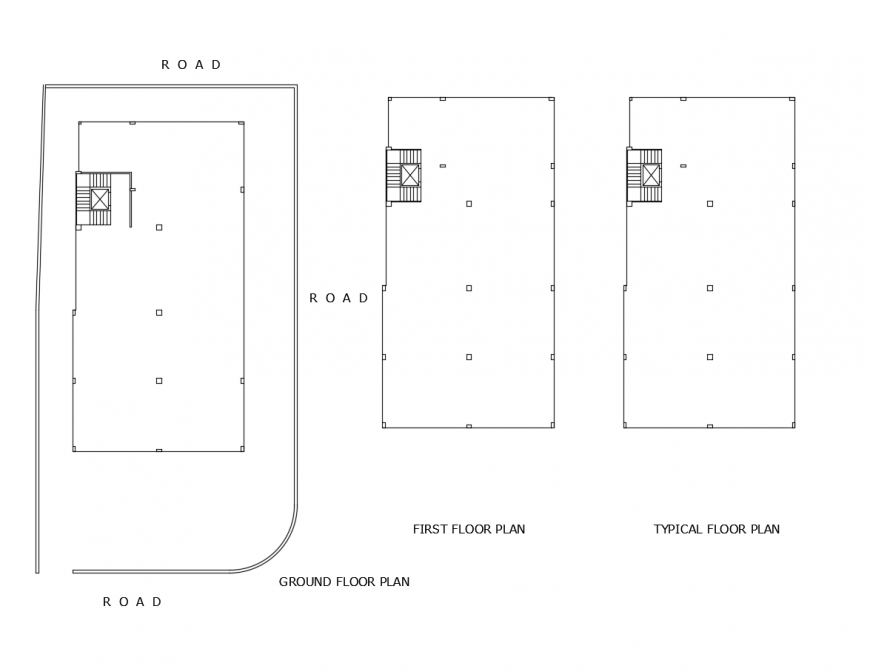 Site layout, first and typical floor plan details of hotel building dwg file