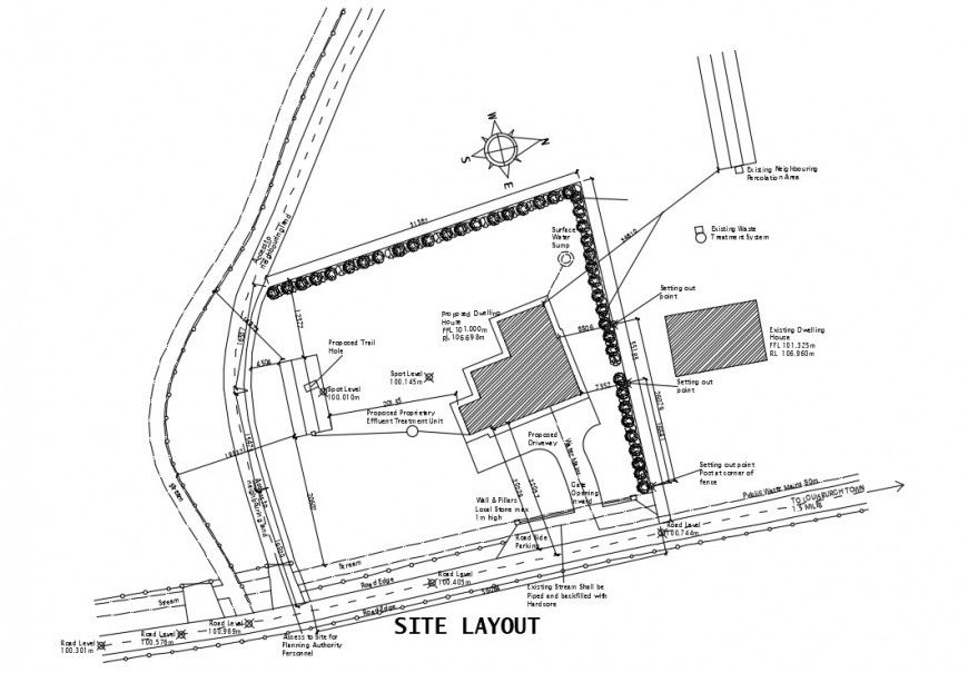 Site layout plan and landscaping details for existing building dwg file