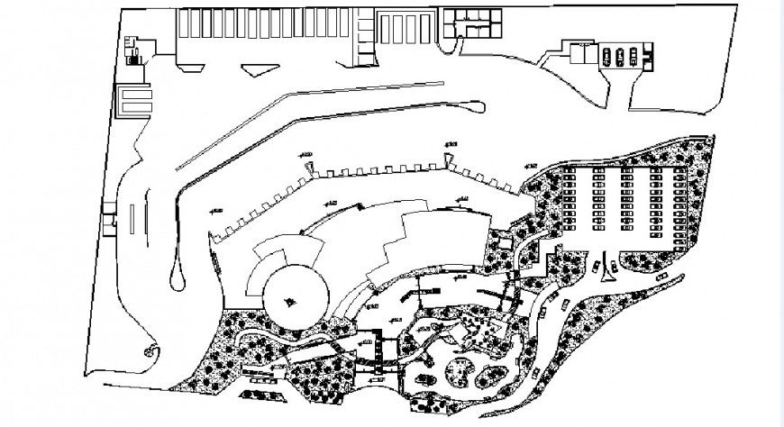 Site layout plan and landscaping structure details of restaurant dwg file