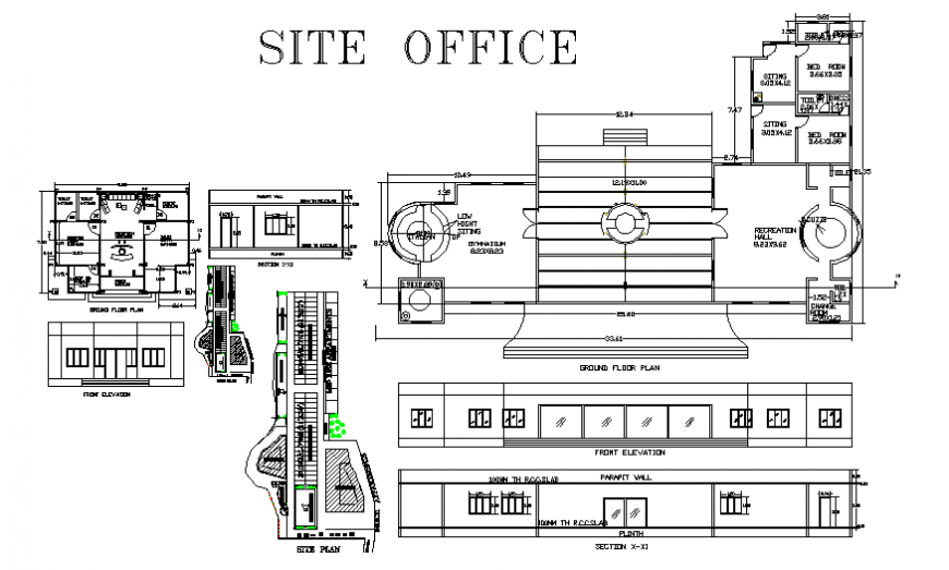 Site office plan, elevation and section autocad file