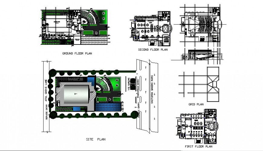 Site plan, ground floor, first floor and grid plan details of hotel dwg file