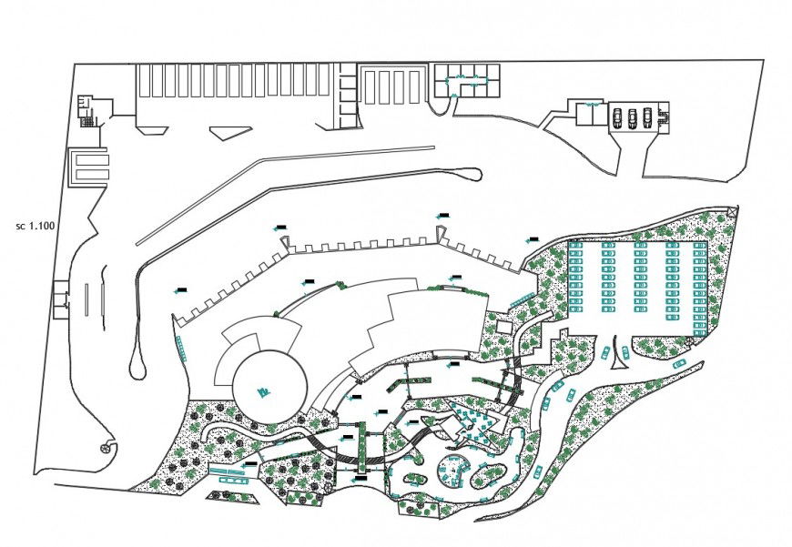 Site plan and distribution plan details of culture center dwg file