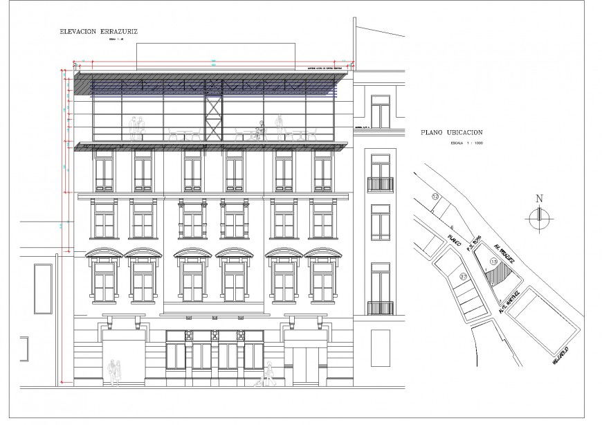 Site plan and Front elevation bar terrace plan detail dwg file