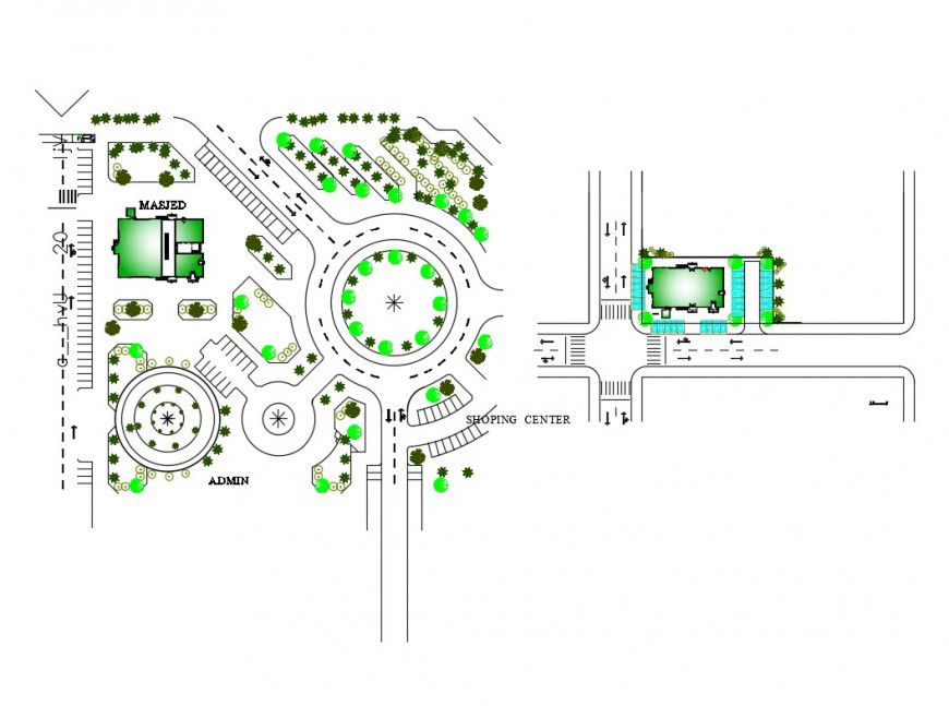 Site plan and landscaping structure details of religious mosque dwg file