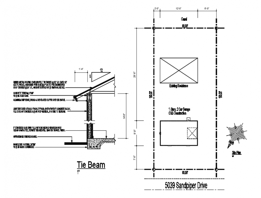 Site plan and wall section details with tie beam cad structure details dwg file