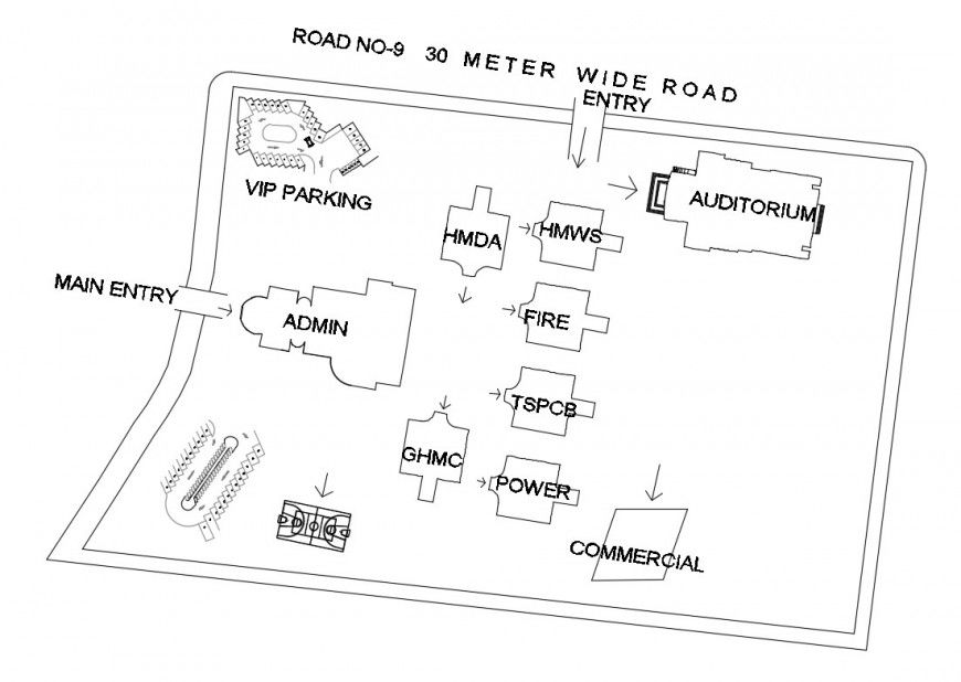 Site plan details of civic center corporate building cad drawing details dwg file