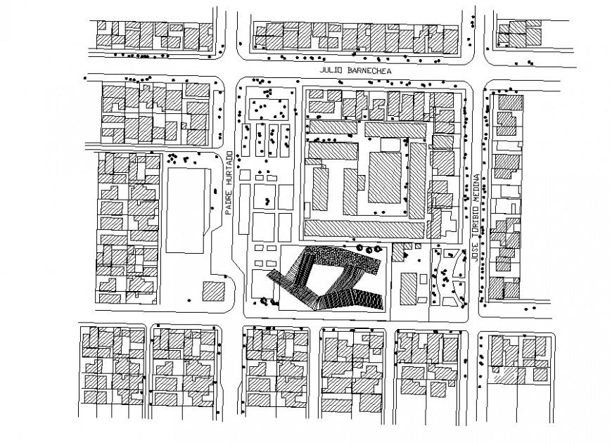 Site plan layout and landscaping structure details for corporate office building dwg file