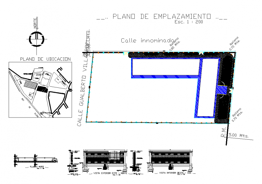 Site plan with design of area of wall and detail dwg file