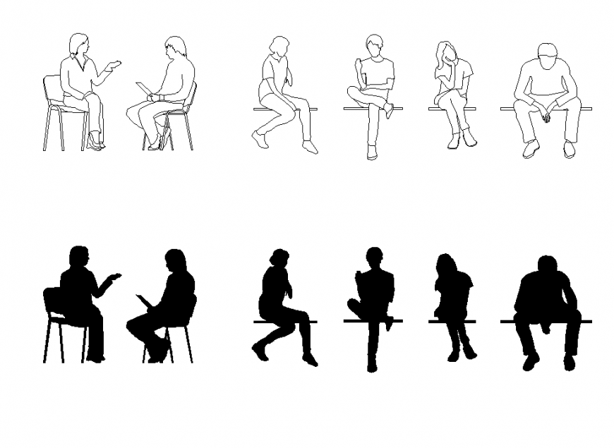 Sitting people CAD blocks detail elevation 2d view layout autocad file