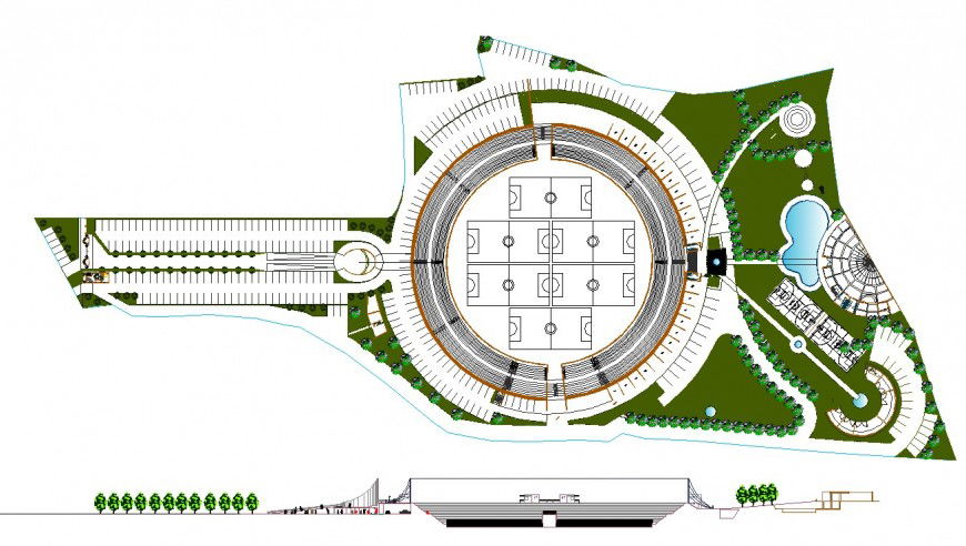 Six basketball ground stadium top view site plan drawing in dwg AutoCAD file.